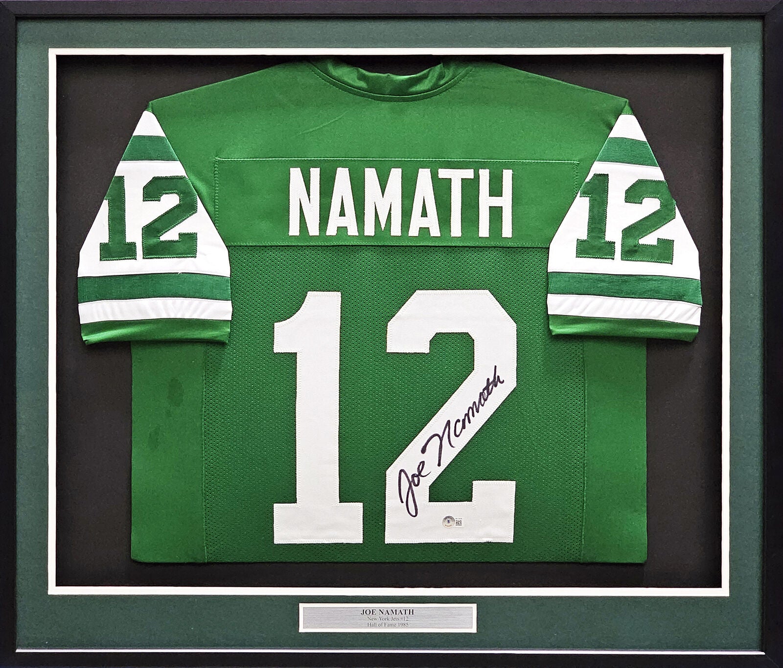 Joe Namath Autographed & Framed Green New York Jets Jersey Auto Beckett COA