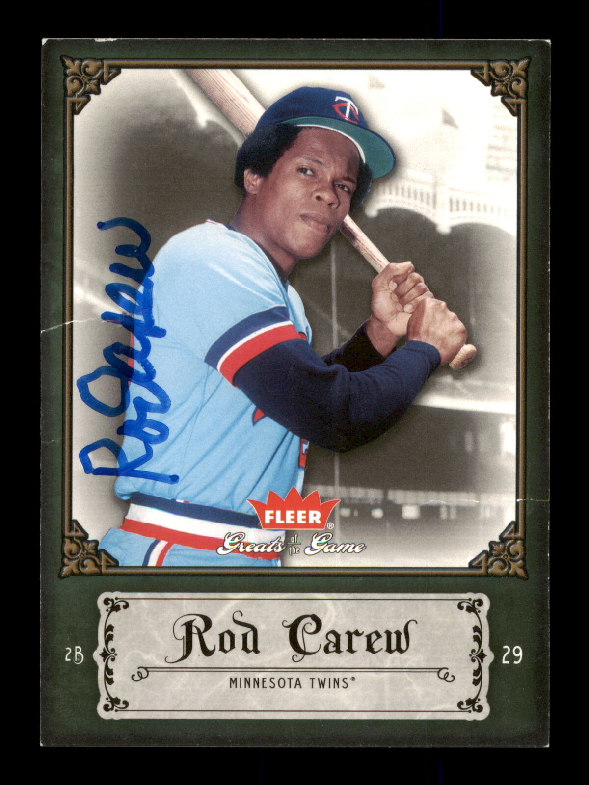 Rod Carew Autographed 2002 Leaf Certified Fabric of the Game Card