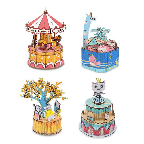 DIY Wood Music Box Carousel Birthday Gift Toy with Machine Core Home Decor Children Bedroom Light Music Box Christmas Gifts