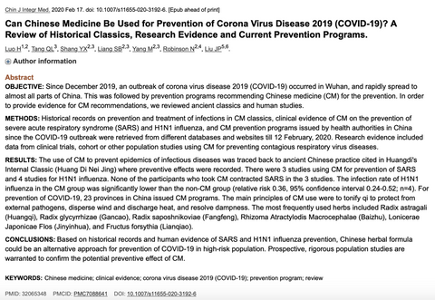 An article published on PubMed, dated February 17, 2020, discusses the Use of Chinese Medicine in the Prevention of Coronavirus Disease 2019 (COVID-19)