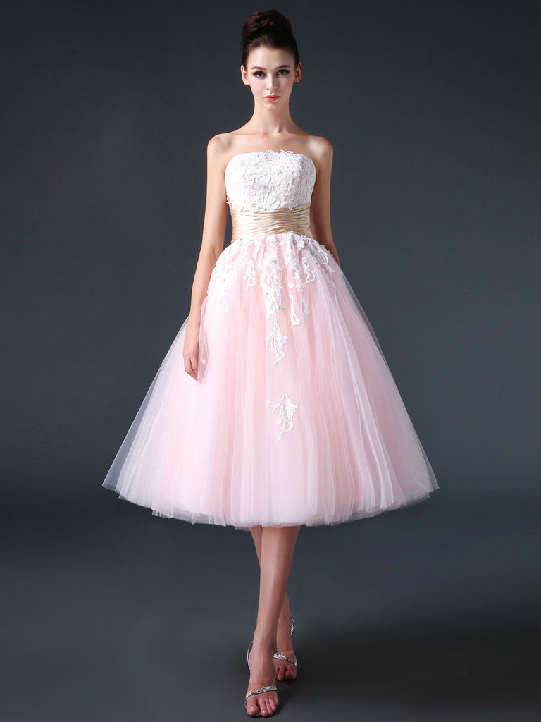 Retro 50s Strapless Pink Tea Length Prom Dress Evening Dress | CC3006