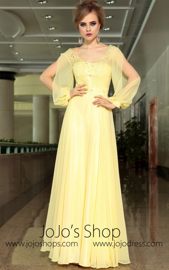 Yellow Chiffon Modest Daisy Long Sleeve Formal Prom Evening Cocktail ...