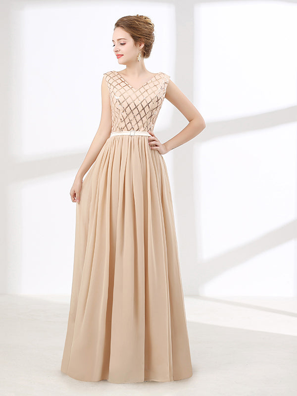 Beige Chiffon Long Formal Prom Evening Dress With V Neck Jojo Shop