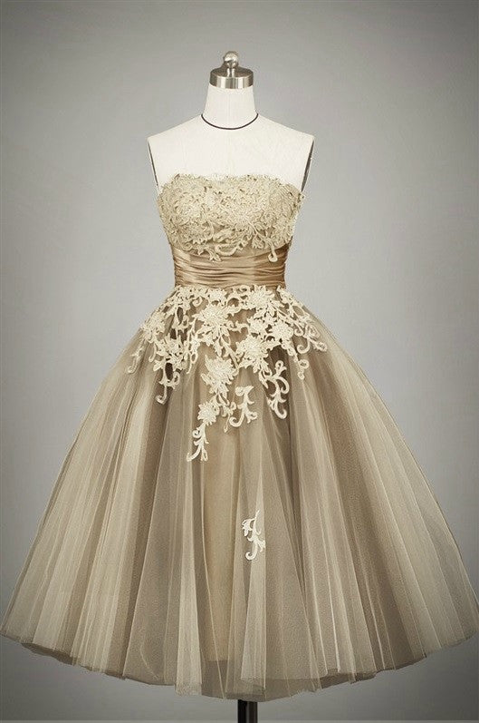 Retro 50s Tea Length Strapless Lace Tulle Formal Prom Dress Jojo Shop 1826