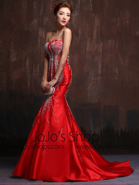 red strapless gown