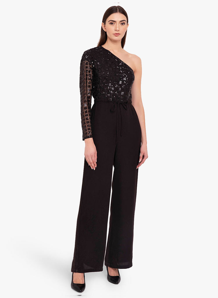 mk sequined one shoulder jumpsuit