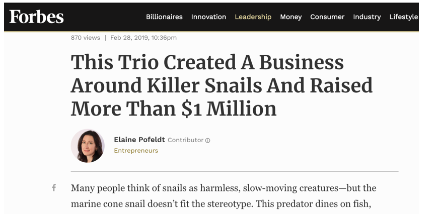 February 28, 2019 article featuring Killer Snails!