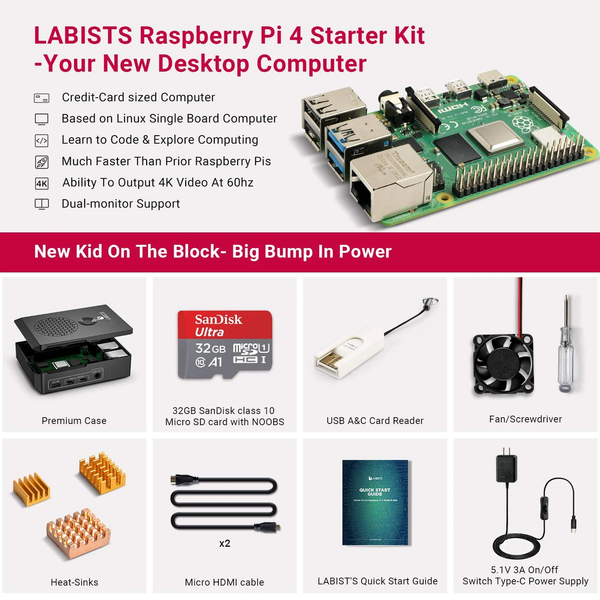 Raspberry Pi 4 2GB RAM Board + 32GB Micro SD Card Complete Starter 