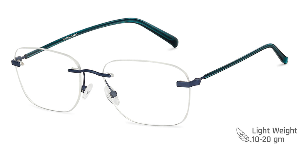 Blue Rectangle Rimless Unisex Eyeglasses by Vincent Chase-146090