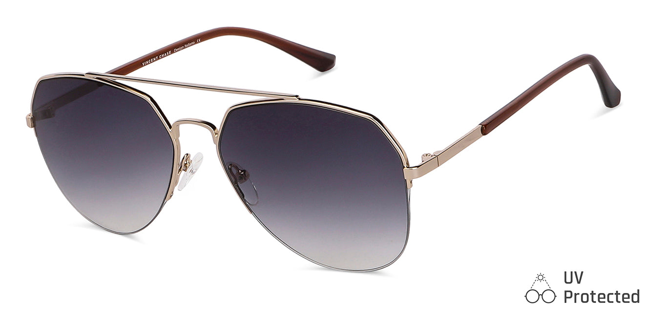 Gold Aviator Half Rim Wide Unisex Sunglasses by Vincent Chase-146199