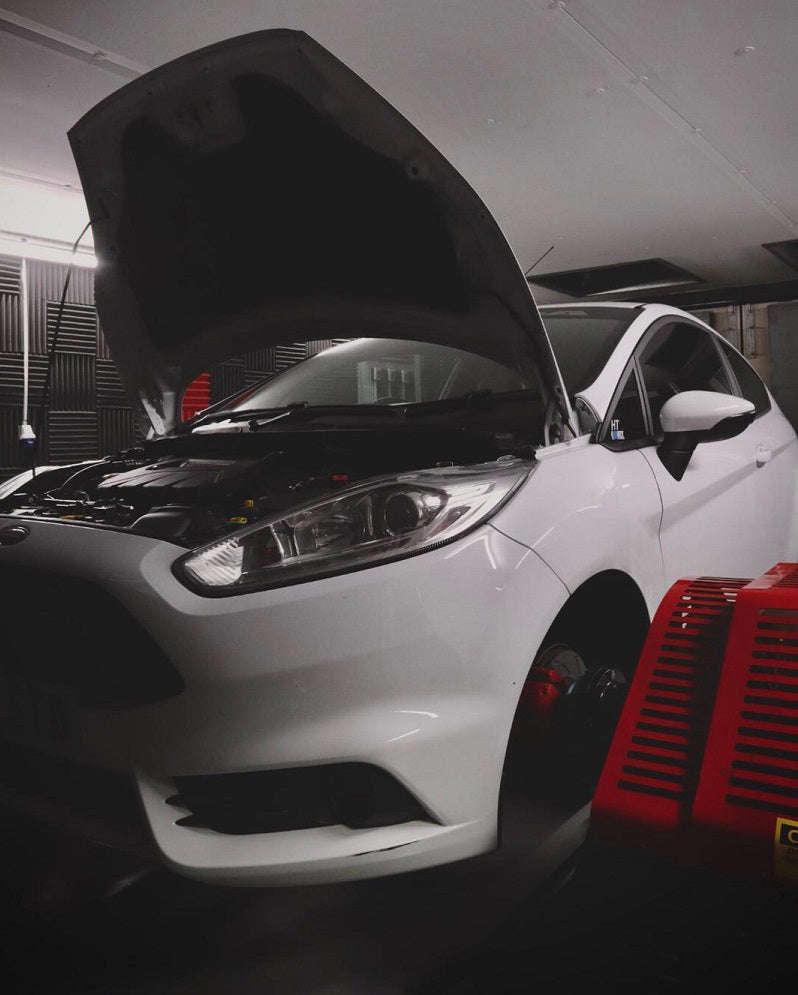 Steeda Fiesta ST on Motorsport and Performance hub dyno for tuning with CP-E intake and catback with HP Tuners