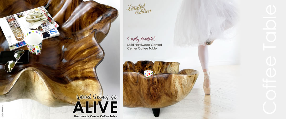 Designer Solid Hardwood Center Coffee Table, Bring Nature Home. Handmade and Hand Carved from Sustainable Wood Furniture
