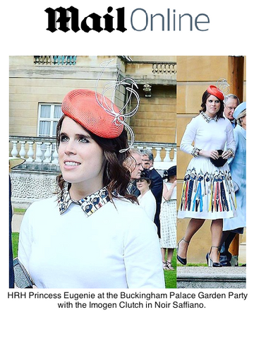Daily Mail Princess Eugenie with Black Octagonal Clutch Bag at Buckingham Palace Garden Party