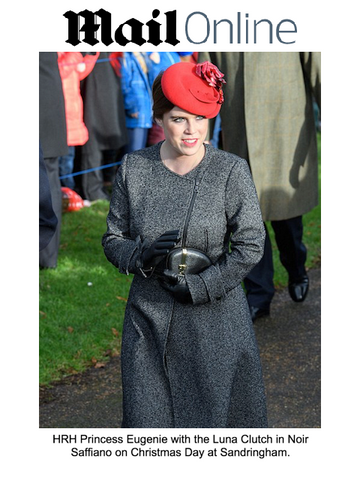 Princess Eugenie on Christmas Day with unique designer clutch bag by Stacy Chan