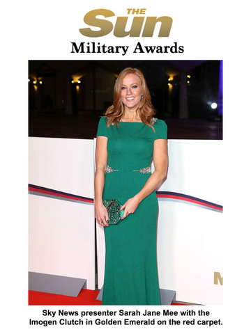 Red Carpet Sky News Presenter Sarah Jane Mee with Designer Clutch Bag by Stacy Chan