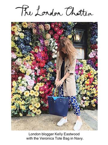 London Chatter Kelly Eastwood with Navy Leather Tote Bag at The Ivy Chelsea Gardener