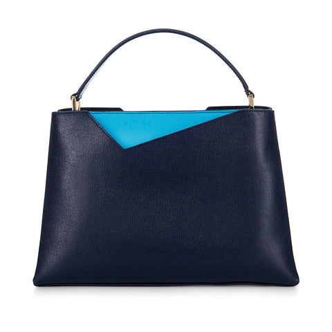 Midi Navy Blue Italian Leather Tote Shoulder Bag - Designer Stacy Chan