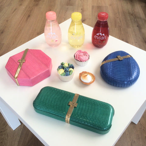 Colourful Clutch Bags with Evian Water and Sweet Elements London Fashion Week Sponsors