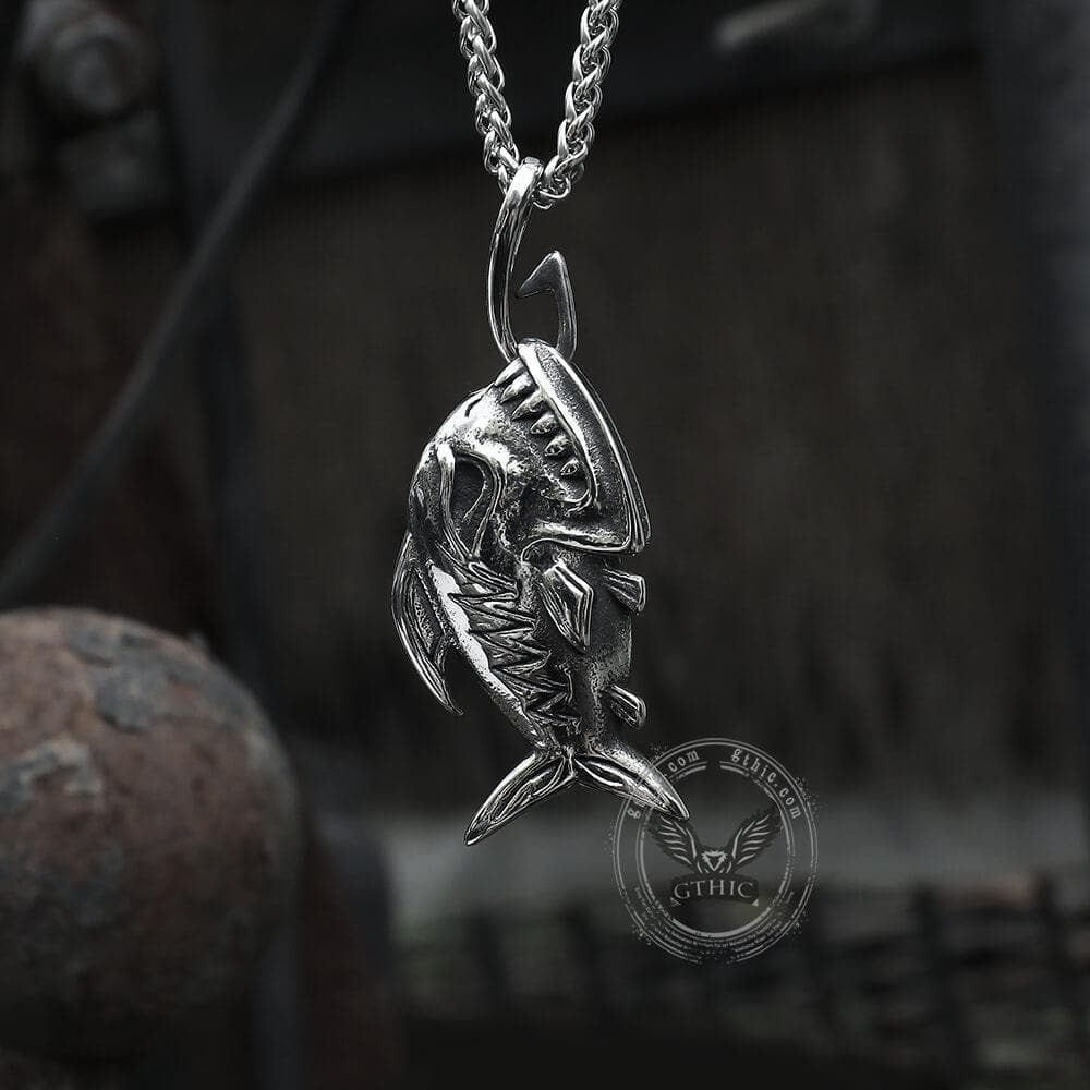 Stainless Steel Fish Skeleton Pendant Chain Necklace 