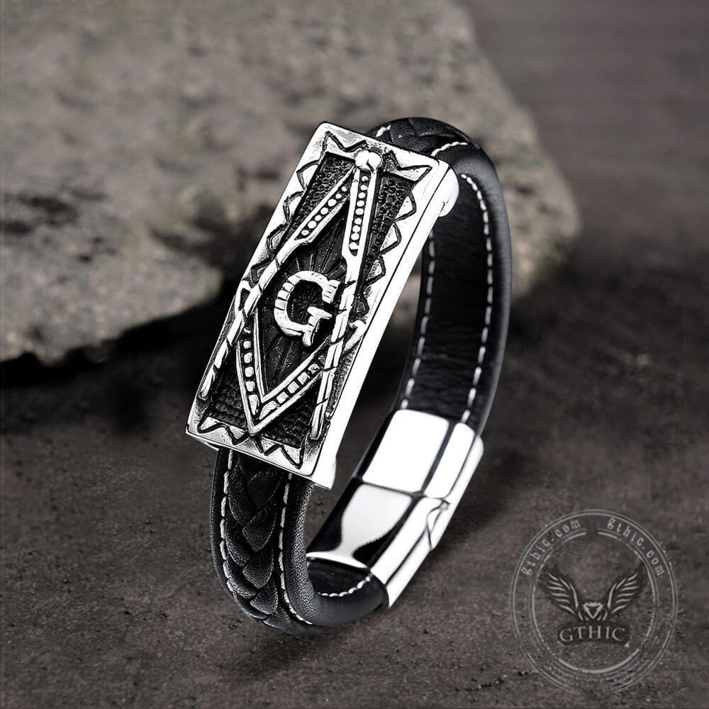 8.5"  Men Stainless Steel Black Freemason Masonic Symbol Leather Bracelet Bangle