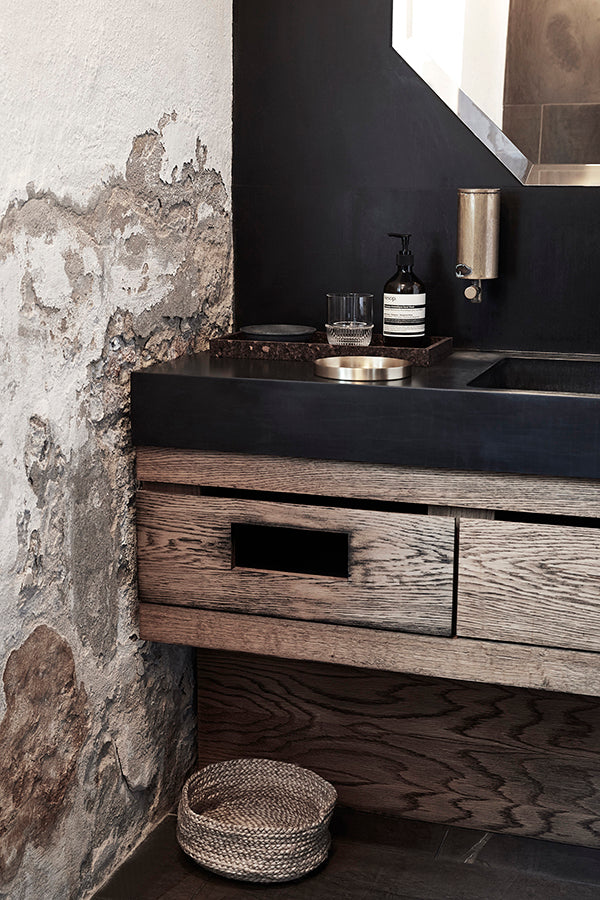 MALLING LIVING bathroom styled with Chaka basket and smoked cork trays