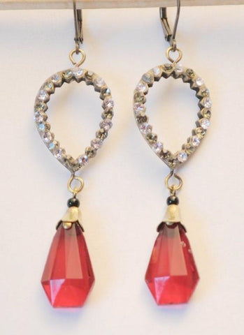 1920s Red Glass + Rhinestone Earrings