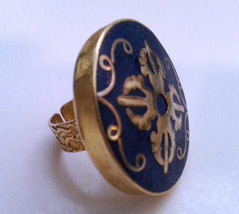 Vintage Crushed Lapis + Gold Ring - Adjustable