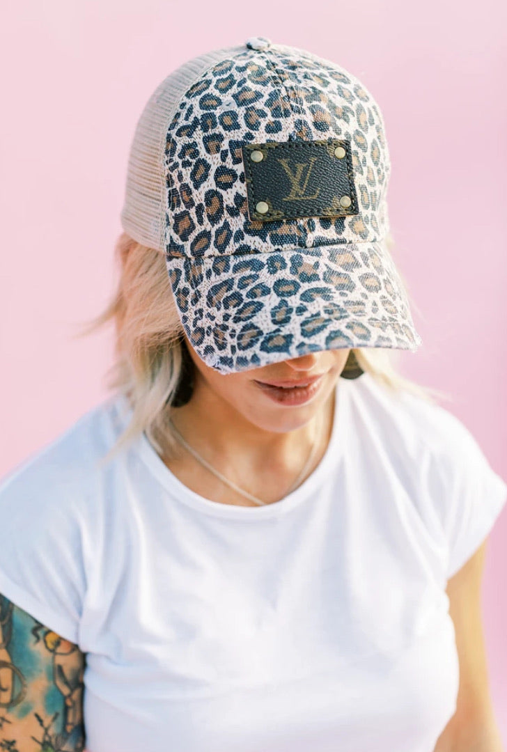 Upcycled Louis Vuitton canvas leopard trucker ball cap with