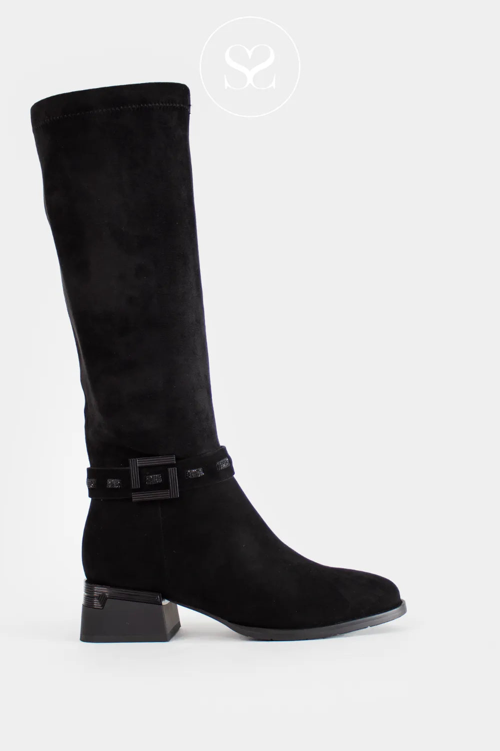LORETTA VITALE BLACK SUEDE SLOUCH FIT KNEE HIGH BOOTS C3893 FOR WOMEN WITH BLACK SUEDE FINISH AND LEATHER LINING INNER AND METAL BUCKLE DETAIL