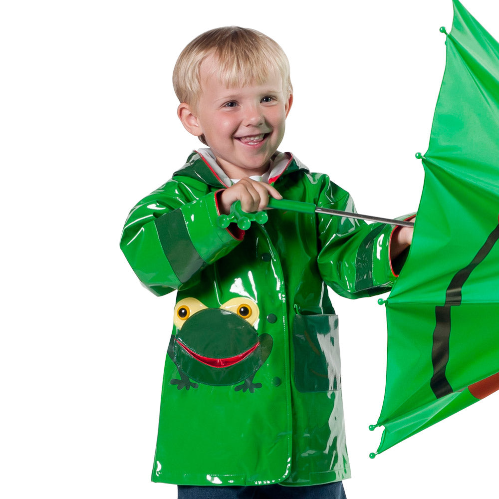 Kidorable Green Frog PU All-Weather Raincoat for Boys with Fun Frog Mouth Pocket 