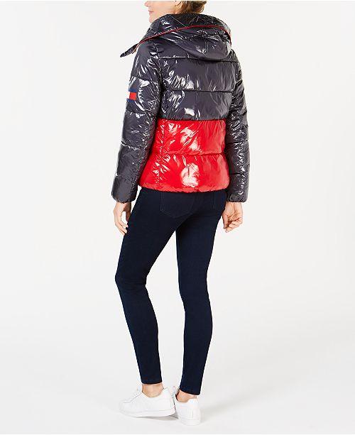 tommy hilfiger hooded colorblock puffer coat