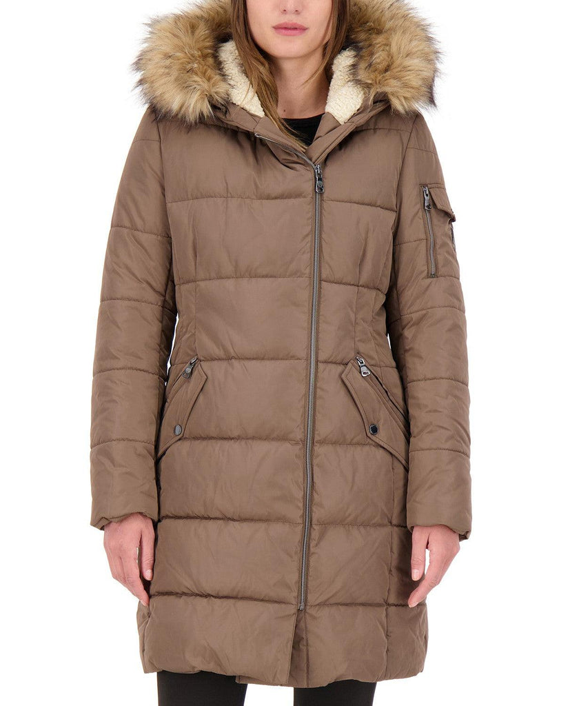 asymmetrical puffer coat with fur hood