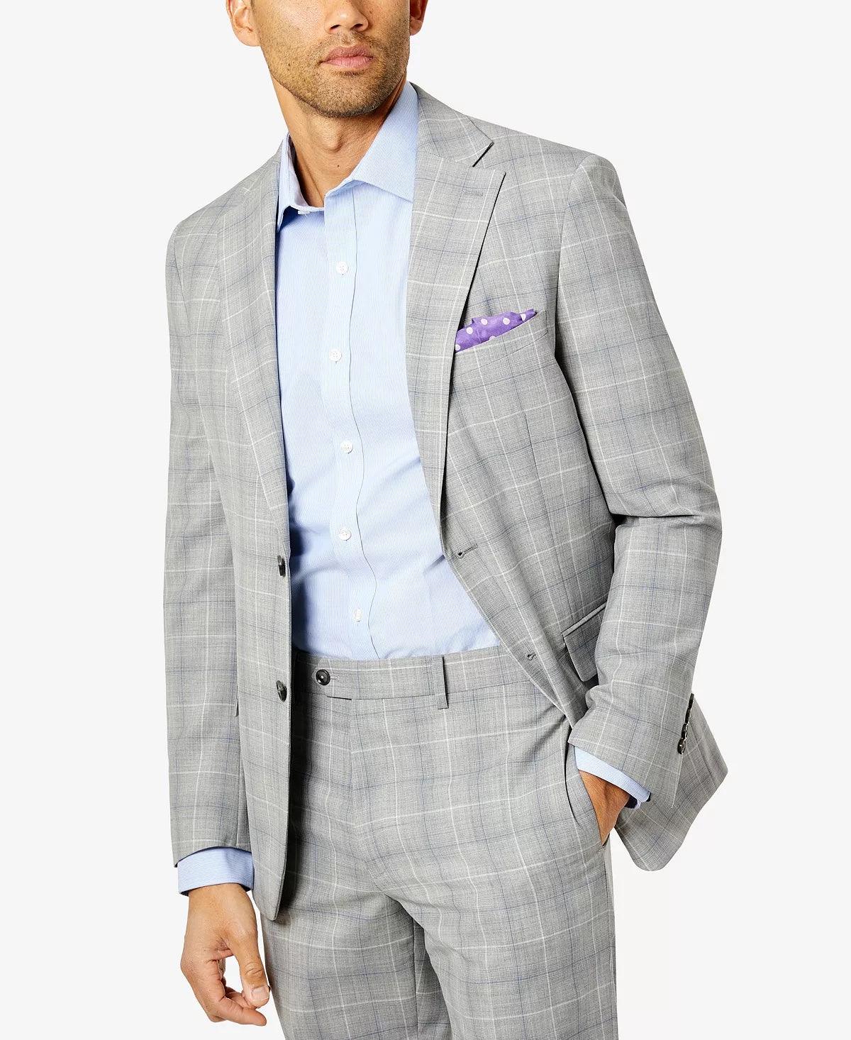 TALLIA Men's Suit Jacket Light Grey / Blue Plaid 40S Slim-Fit Wool