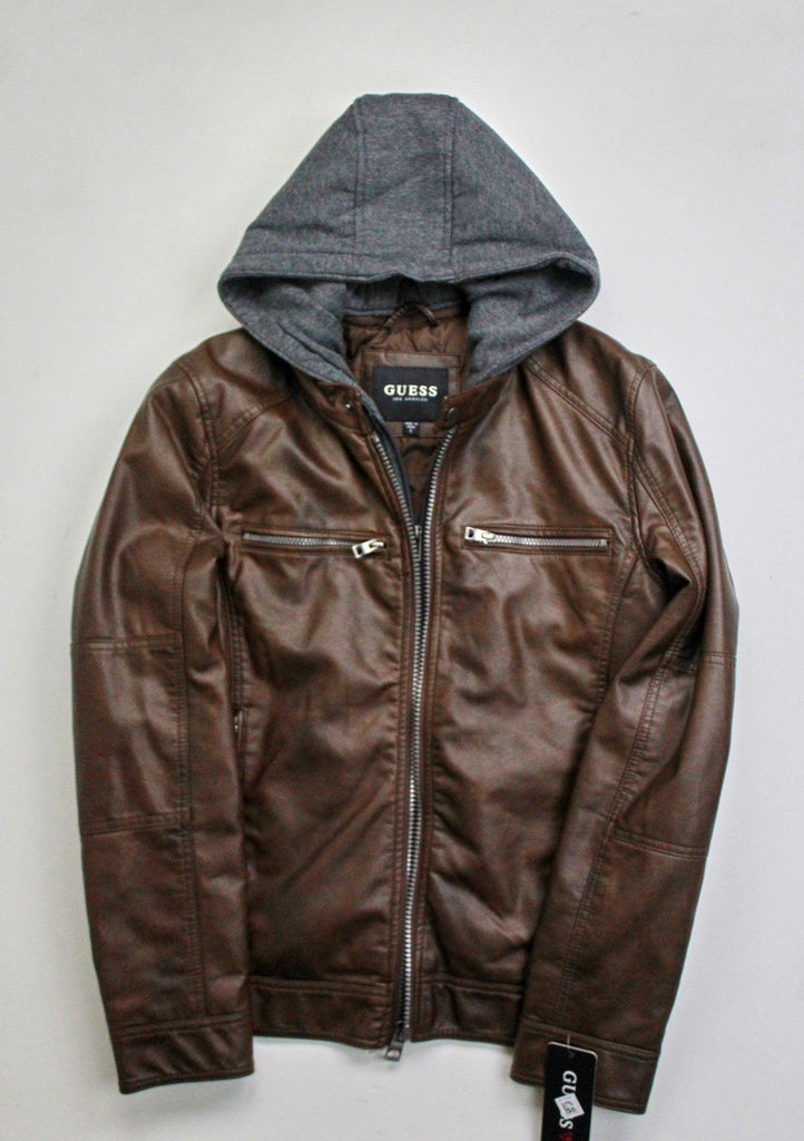 guess men's faux leather hooded moto jacket