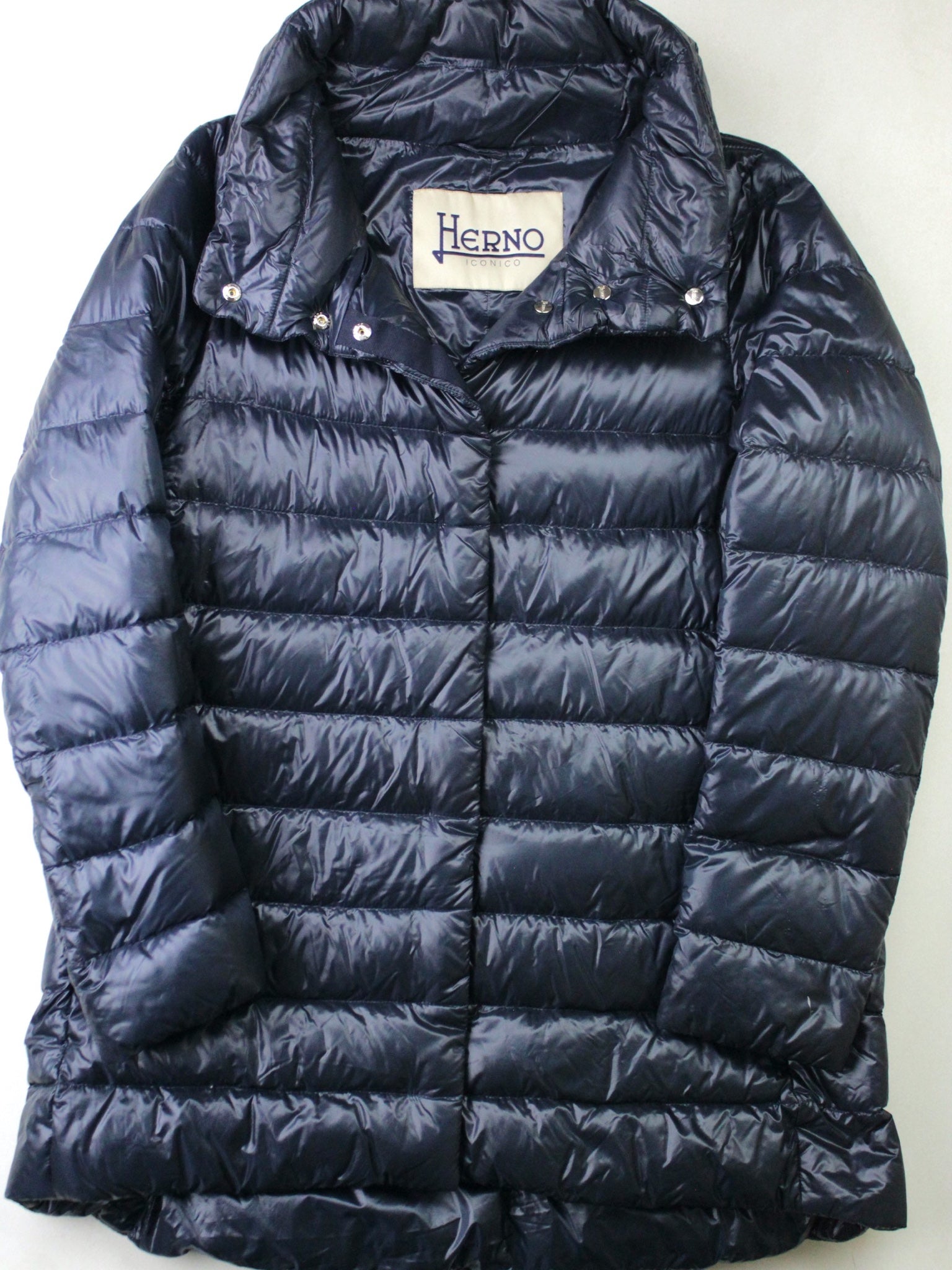 Herno Womens Amelia High Low Down Jacket Coat Size 44 / US 8 Navy Blue