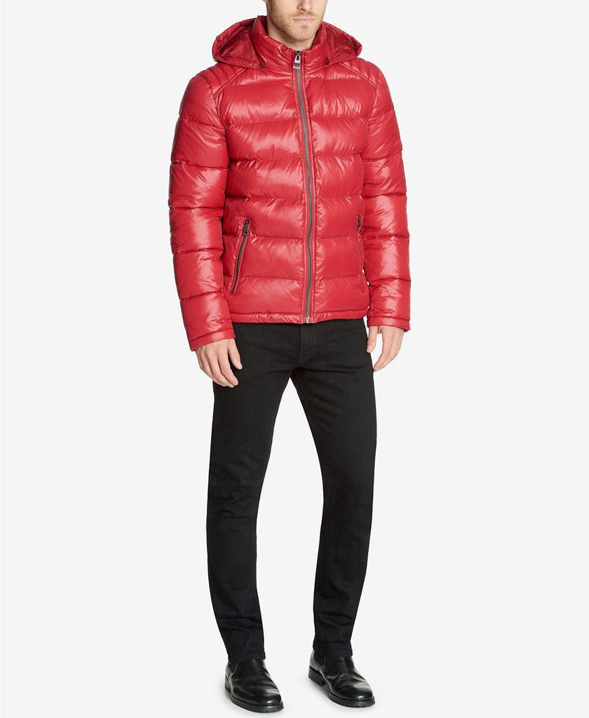 guess men's red puffer jacket