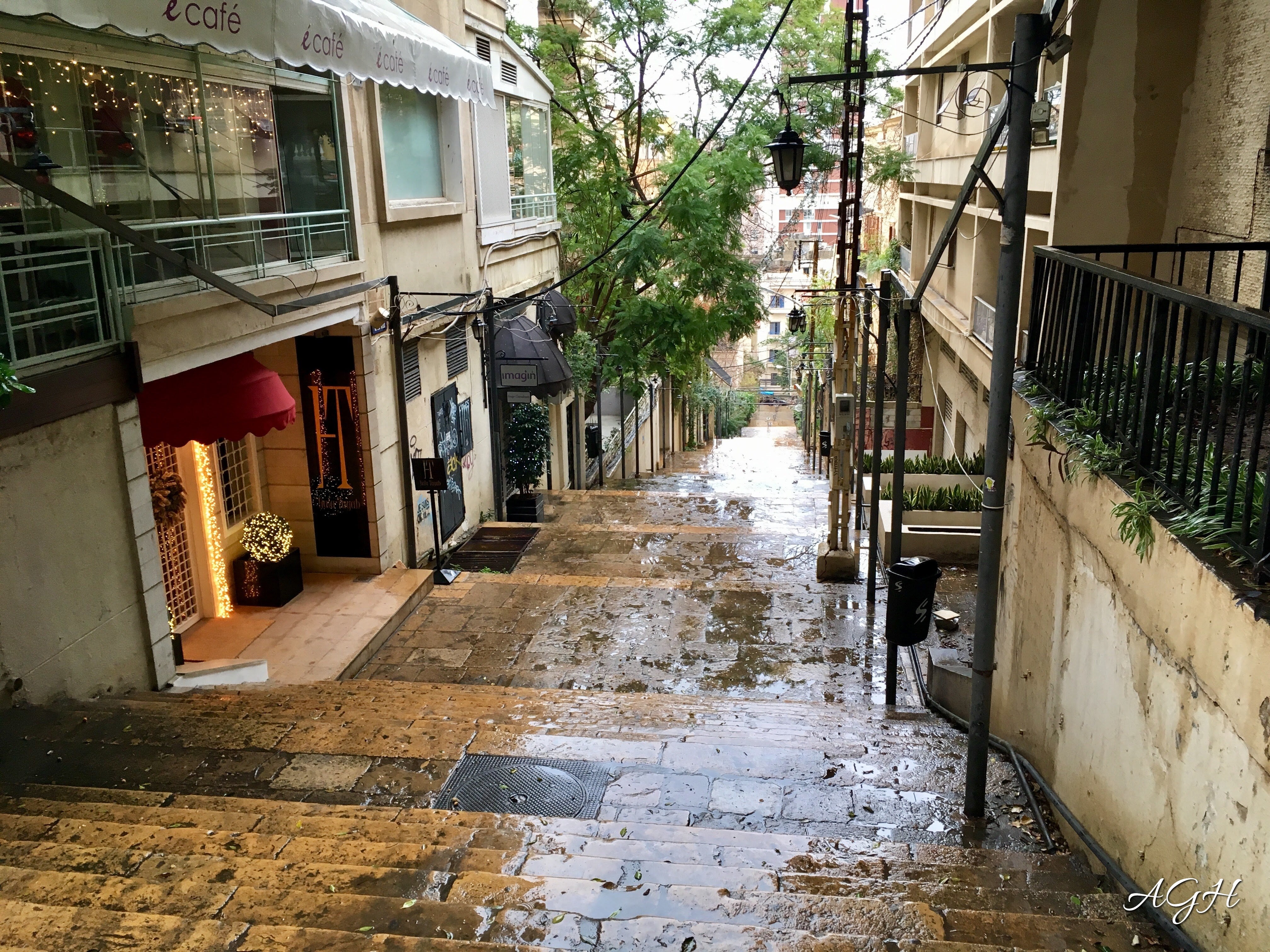 Looking down a street of steps in Beirut that is reminiscent of Paris.