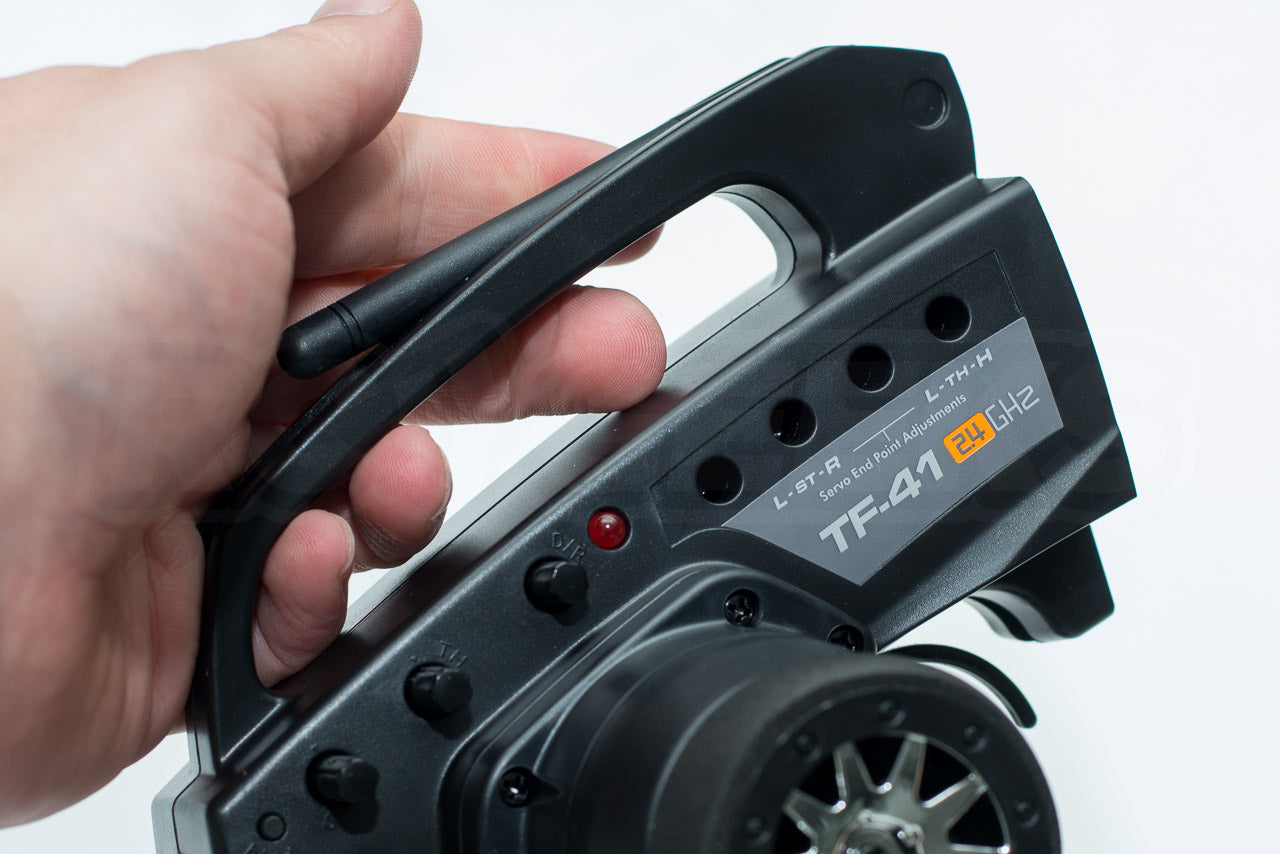 HPI Racing E10 Drift Nissan GT-R R34 Review TF-41 Transmitter handle