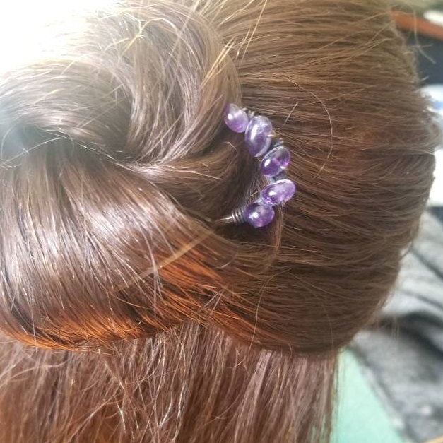 Amethyst Crystal Hair Pin, Hammered Gold Metal Hair Fork Bun Holder. F –  QuirkySue's