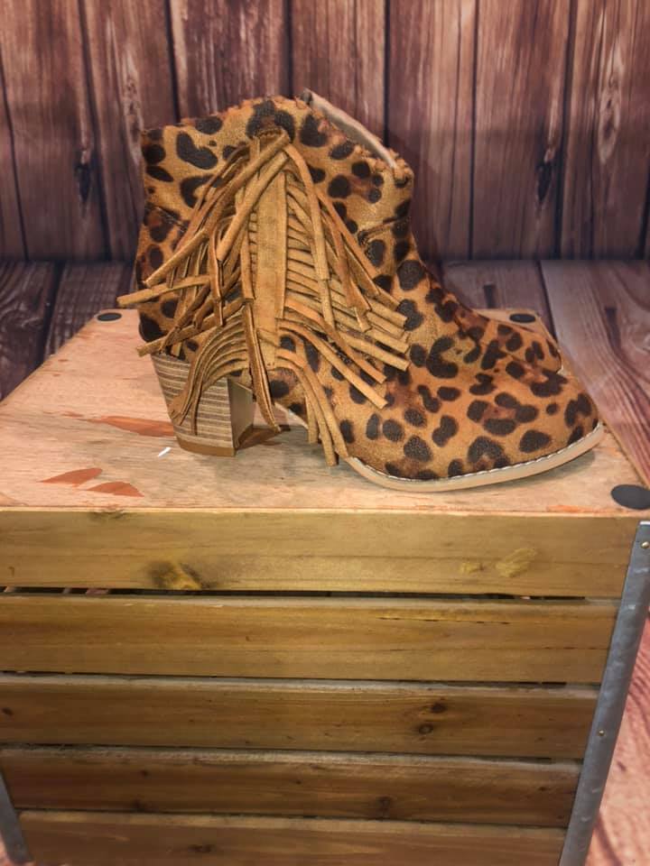 leopard fringe booties