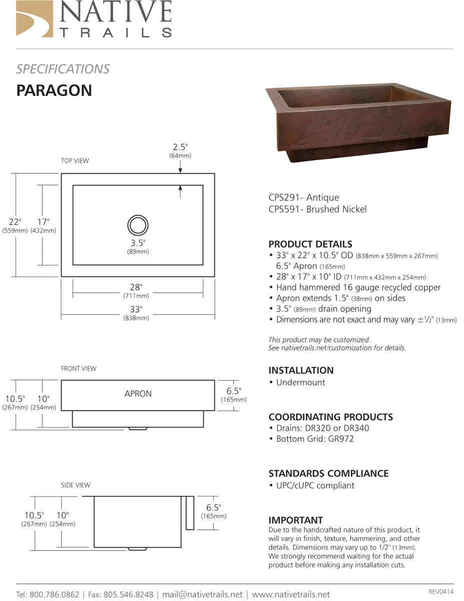 Native Trails Cpk591 Paragon 33 Apron Copper Kitchen Sink Brushed Nic