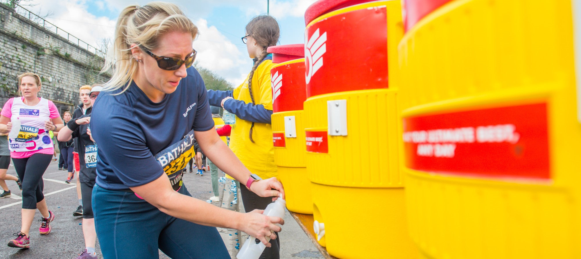 Rehydration station for runners at Bath Half marathon