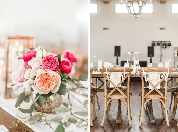 Table setting and flower arrangement blush colors wedding theme