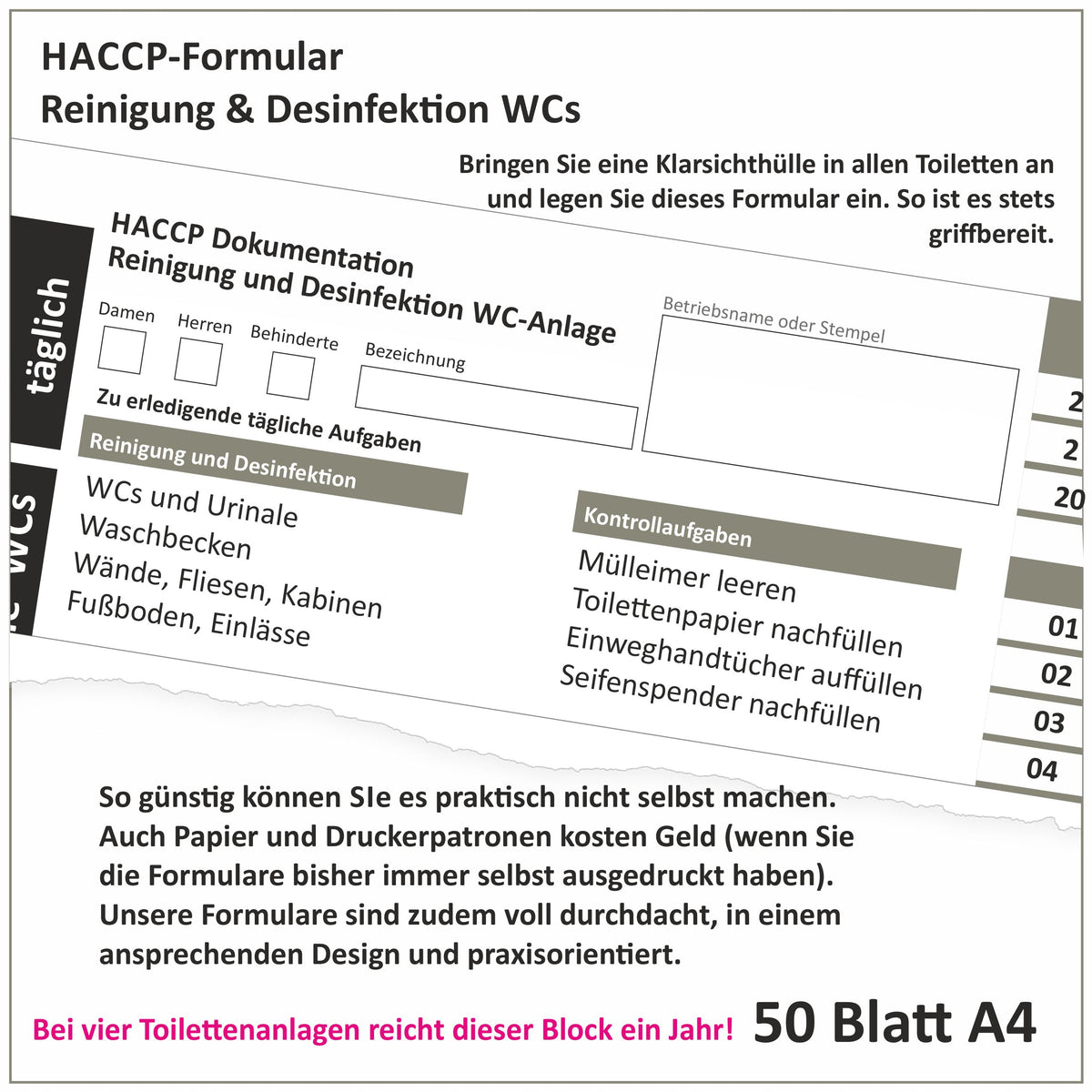 Block 50 Blatt HACCP Reinigung & Desinfektion Küchenposten Dokumentation