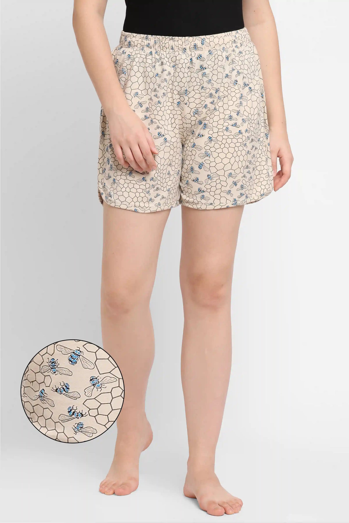 HONEYBEE PRINT CURVED HEM NIGHTWEAR LOUNGE SHORTS - CREAM