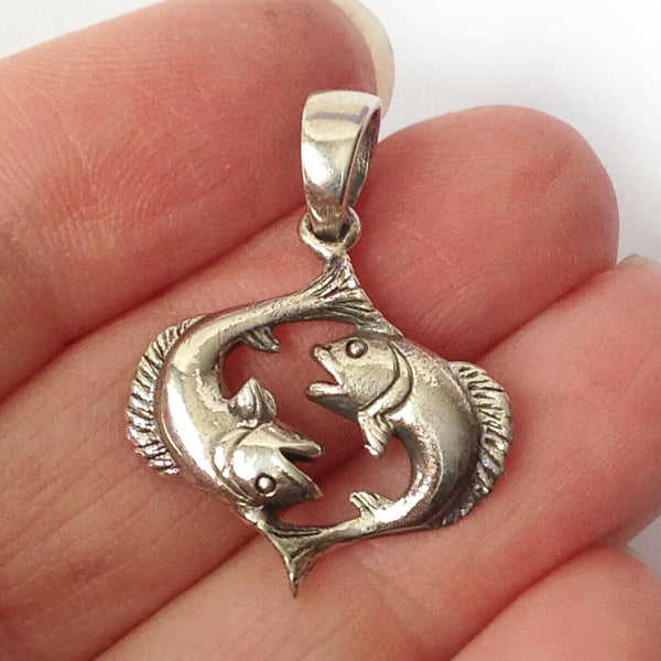 Pisces Zodiac Fish Solid Sterling Silver Pendant Charm Ancient Carving Jewelry 