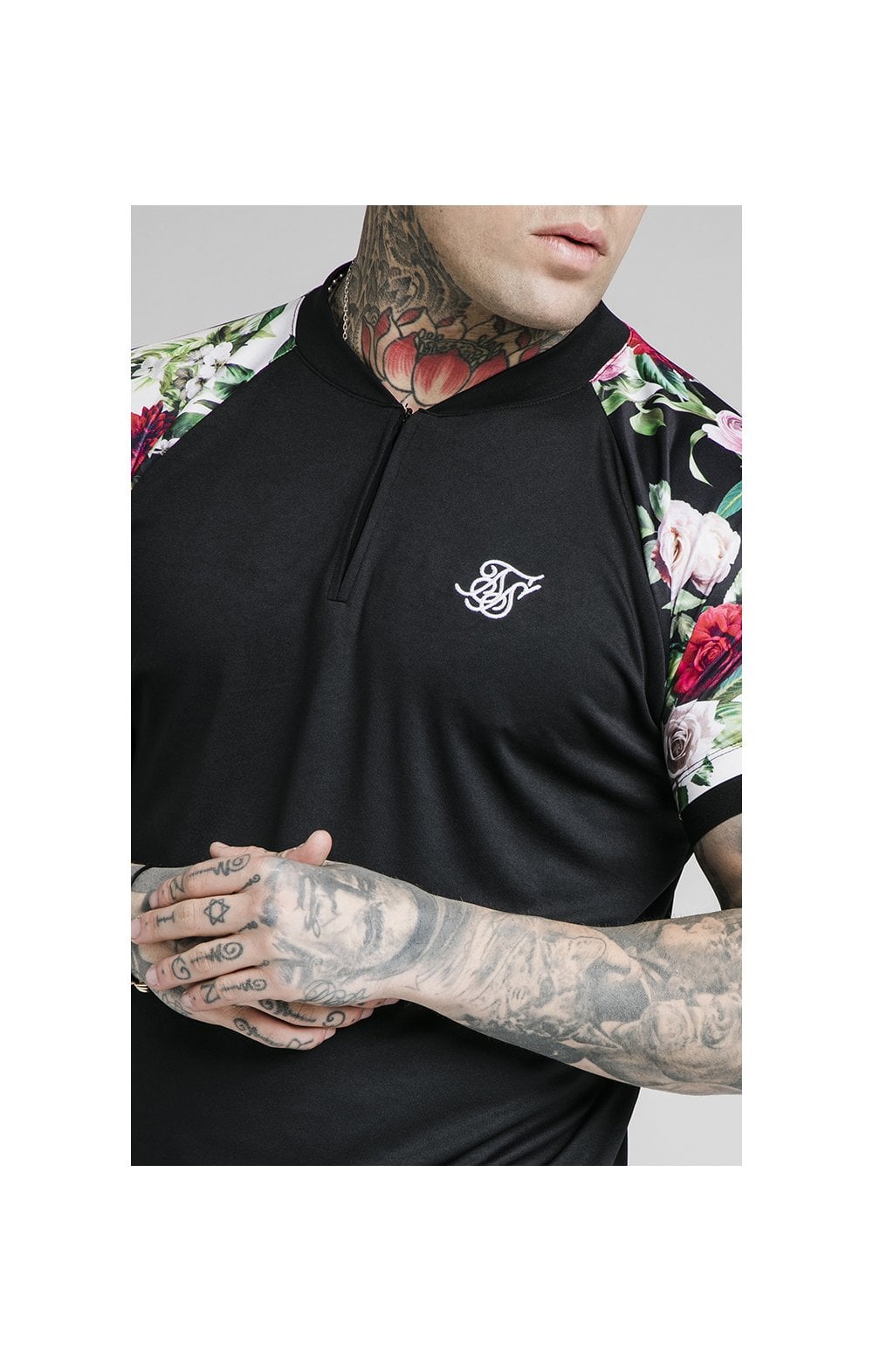 SikSilk S/S Interlock Baseball Tee - Black & Floral Pixel