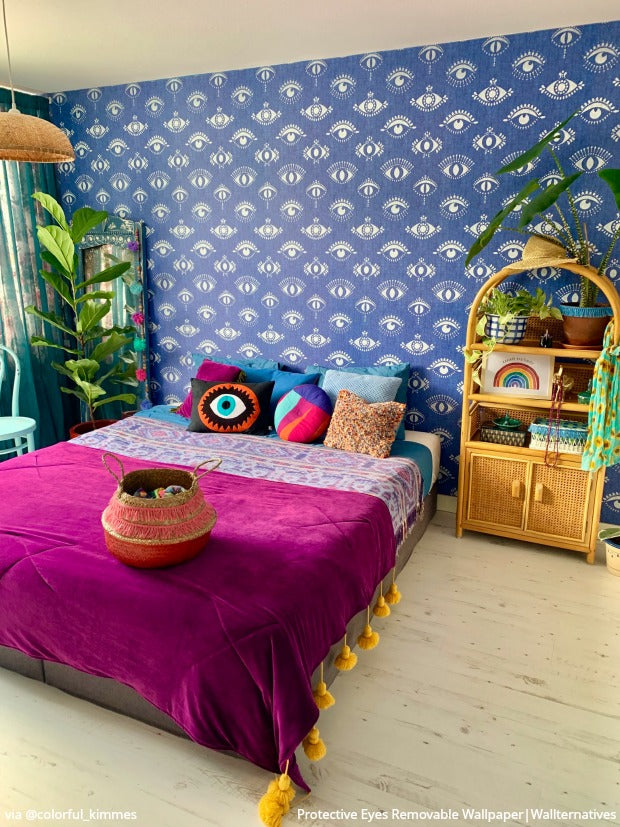 Protective Eyes Removable Wallpaper from Wallternatives - Colorful Bedroom Ideas - DIY Bedroom Makeover - Bohemian Wall Art - Boho Wallpaper Design