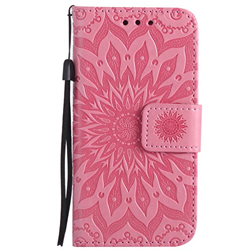 Cfrau Kickstand Wallet Case with Black Stylus for iPhone 5/5s/SE,Retro Mandala Sunflower PU Leather Magnetic Flip Folio Stand Soft Silicone Card Slots Case with Wrist Strap Red