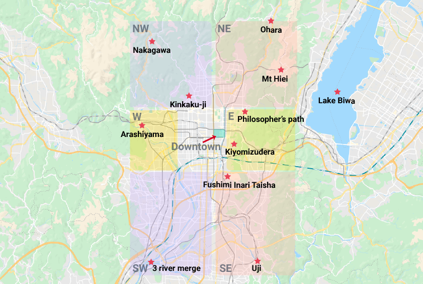 An illustrated map of Kyoto showing the different areas: East, West, Northwest, Northeast, Southwest, Southeast and Downtown.